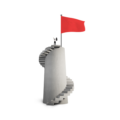 Man cheering on tower top with spiral trail stairs and hug red wavy flag, isolated on white