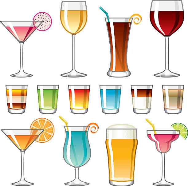 illustrazioni stock, clip art, cartoni animati e icone di tendenza di gruppo di icone di bevande alcoliche - shot glass
