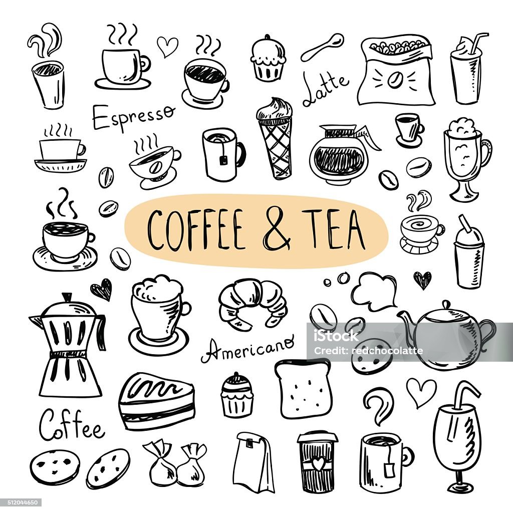 Coffee and tea icons. Cafe menu, sweets, cups, cookies, desserts Coffee - Drink stock vector