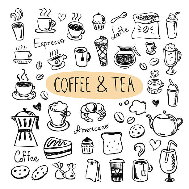Coffee and tea icons. Cafe menu, sweets, cups, cookies, desserts Coffee and tea icons. Cafe menu, sweets, cups, cookies, desserts tea stock illustrations