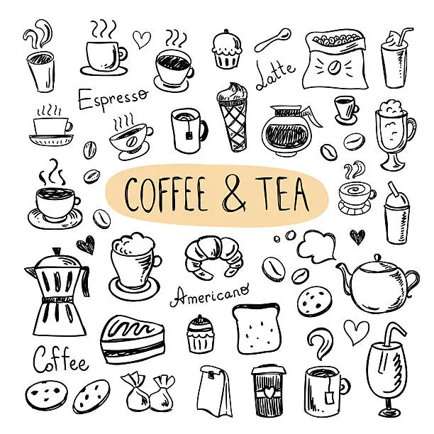 Vector illustration of Coffee and tea icons. Cafe menu, sweets, cups, cookies, desserts