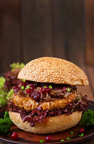 istock Hamburger with juicy turkey burger with cheese, caramelized onions 512045364