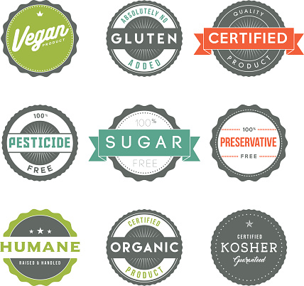 A set of nine different food labels: Vegetarian, Sugar Free, Low Sodium, Organic, Hormone Free, Certified Halal, GMO Free, Gluten Free, and Quality Certified. Download includes a CMYK AI10 EPS vector file as well as a high resolution JPEG (sized a minimum of 1900 x 2800 pixels).