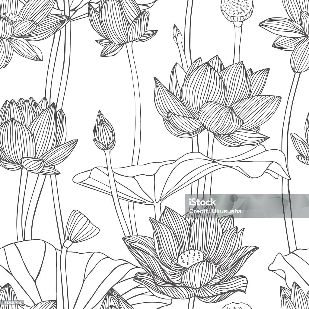 Seamless floral vector pattern lotus  flowers Black & white  seamless floral vector pattern lotus  flowers Lotus Water Lily stock vector