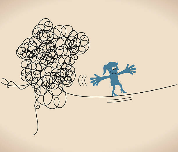 ilustraciones, imágenes clip art, dibujos animados e iconos de stock de mujer de negocios caminando en la delgado metálico, escapar de enredado desordenado línea - tied knot rope adversity emotional stress