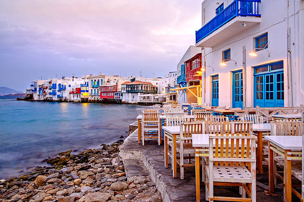 Beautiful sunrise at Little Venice on Mykonos island, Greece Beautiful sunrise at Little Venice on Mykonos island, Cyclades, Greece cyclades islands stock pictures, royalty-free photos & images