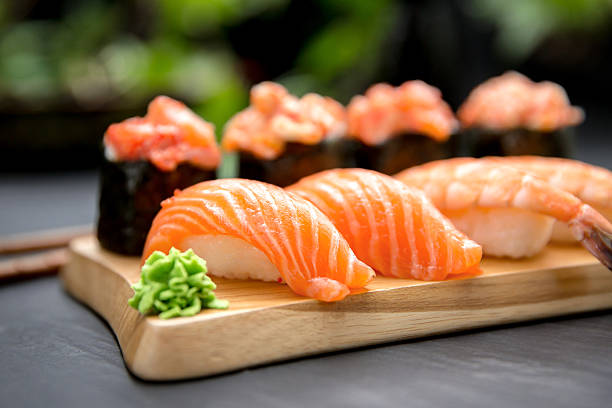 istock Delicious Nigiri Sushi with prawns and salmon 512056186