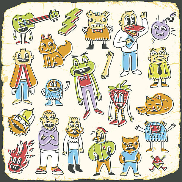 Retro colorful doodle characters set on paper texture 4. Retro colorful doodle characters set on paper texture 4. Hand drawn vector illustration. background of the crazy squirrel stock illustrations
