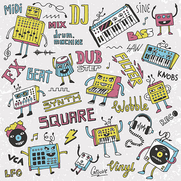 midi kontrolery synthesizers doodles.  ręcznie rysowane wektor ilustracja. - rythm stock illustrations