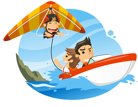 Hangglider, hang glider, gliding pushed by shore boat, vector illustration cartoon.