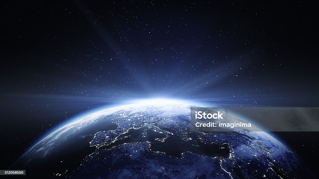 Earth View From Space To Europe Earth viewing from space at night to Europe continent. Globe - Navigational Equipment Stock Photo