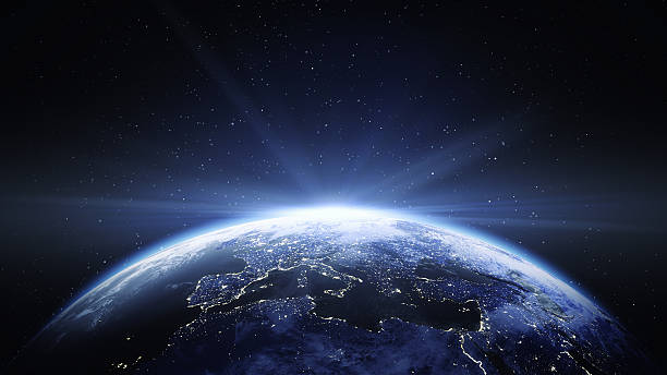 Earth View From Space To Europe Earth viewing from space at night to Europe continent. blue world stock pictures, royalty-free photos & images