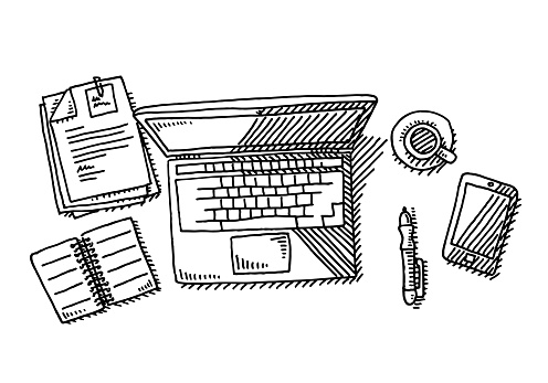 Hand-drawn vector drawing of a Laptop on a Desk Workplace, Overhead View. Black-and-White sketch on a transparent background (.eps-file). Included files are EPS (v10) and Hi-Res JPG.
