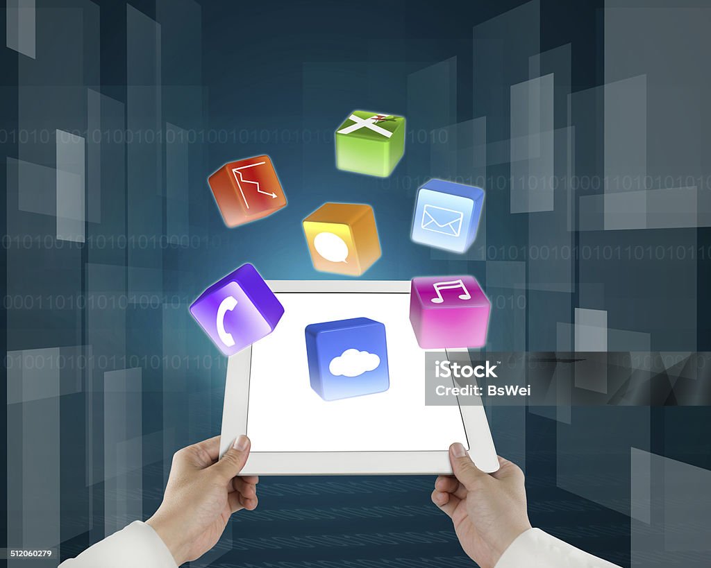 man fingers holding light palmtop with apps man fingers holding light palmtop with apps and tech digital background Block Shape Stock Photo