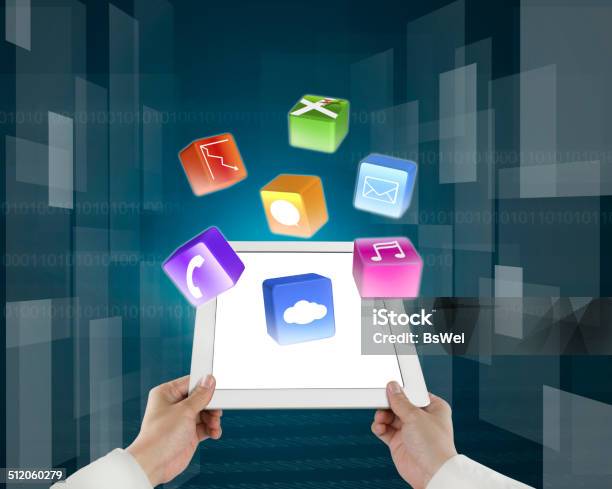 Man Fingers Holding Light Palmtop With Apps Stock Photo - Download Image Now - Block Shape, Capital Letter, Communication