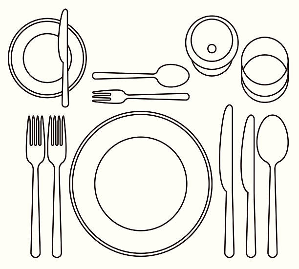 ilustrações, clipart, desenhos animados e ícones de coloque a configuração - fork place setting silverware plate
