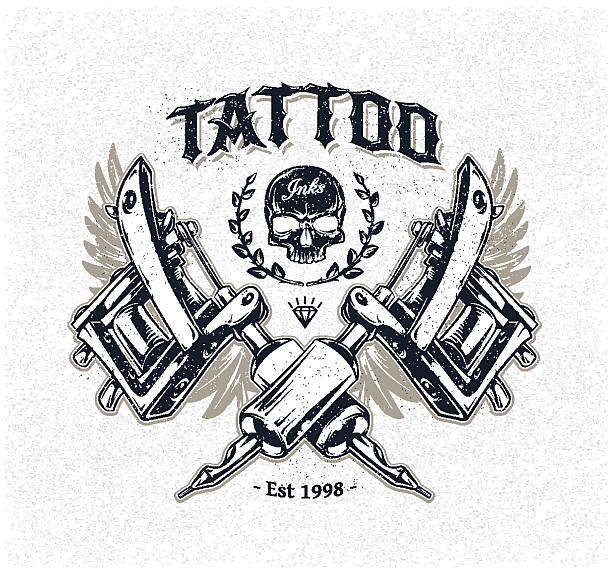 illustrazioni stock, clip art, cartoni animati e icone di tendenza di tatuaggio studio poster - skull dirty insignia grunge