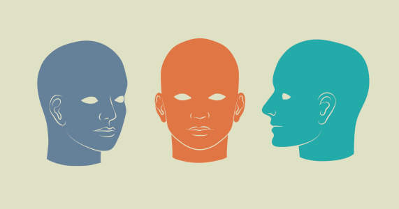Human heads full-face, half-face and three-quarter. Vector silhouette illustration