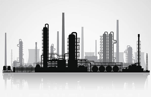 Oil refinery silhouette. Vector illustration. Oil refinery or chemical plant silhouette. Vector illustration. industry silhouettes stock illustrations