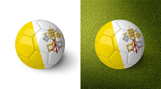 3d realistic soccer ball with the flag of the Vatican City on it isolated on white background and on green soccer field. See whole set for other countries.