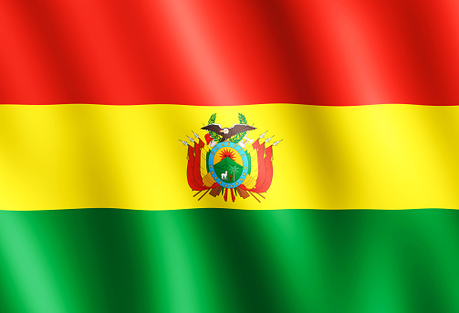 Flag of Bolivia waving in the wind giving an undulating texture of folds in the fabric. The Image is in the official ratio of the flag - 15:22.