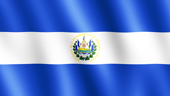 Flag of El Salvador waving in the wind giving an undulating texture of folds in the fabric. The Image is in the official ratio of the flag - 189:335.