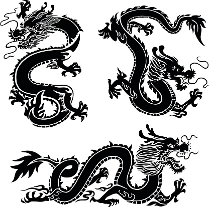 Set of 3 chinese dragons, asian dragons, oriental dragons, japanese dragon. 