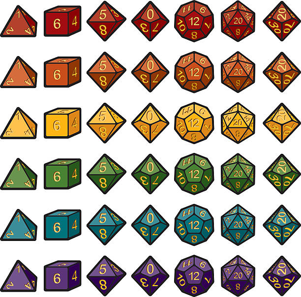 Roleplaying Polyhedral Dice Sets Six full sets of polyhedral dice for role playing games, in different colors. Includes D4, D6, D8, D10, D12, D20 and a percentages dice. Download includes a CMYK AI10 EPS vector file as well as a high resolution JPEG (sized a minimum of 1900 x 2800 pixels). polyhedron stock illustrations