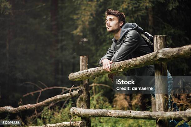 Young Man Hiking In The Forest Stock Photo - Download Image Now - Men, Nature, Contemplation
