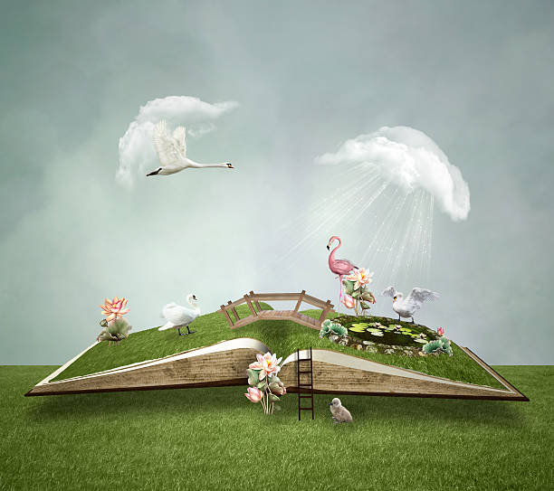 Little green world Open book with animals and natural elements surreal fantasy stock pictures, royalty-free photos & images