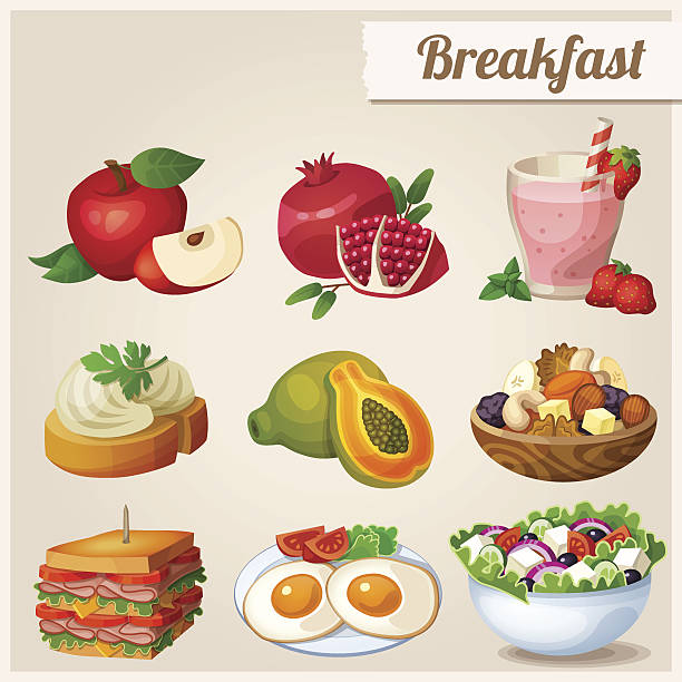 bildbanksillustrationer, clip art samt tecknat material och ikoner med set of different food icons. breakfast. - illustrationer med smoothie