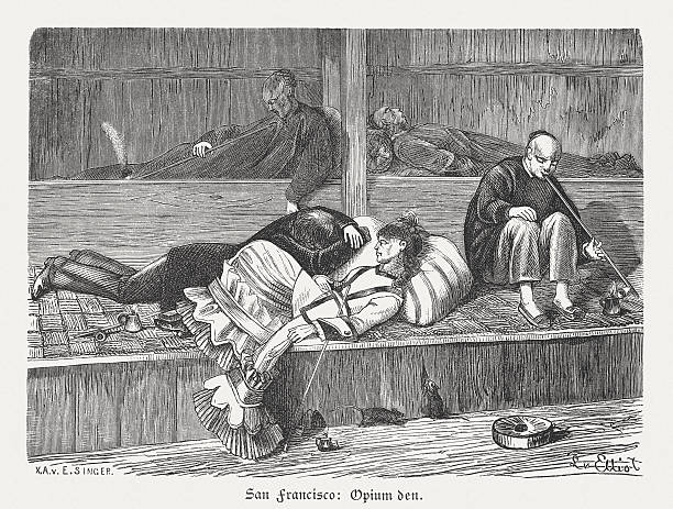 ilustraciones, imágenes clip art, dibujos animados e iconos de stock de opio den en san francisco, grabado en madera, publicado 1880 - madriguera