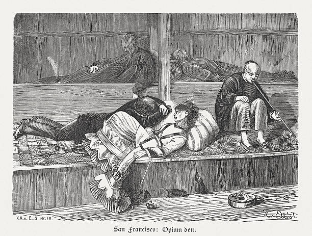 Opium den in San Francisco, wood engraving, published in 1880 An Opium den in San Francisco, California, USA. Historical view of the 19th century. Wood engraving after a drawing by Leo von Elliot (German painter and engraver, 1816 - 1890), published in 1880. opium stock illustrations