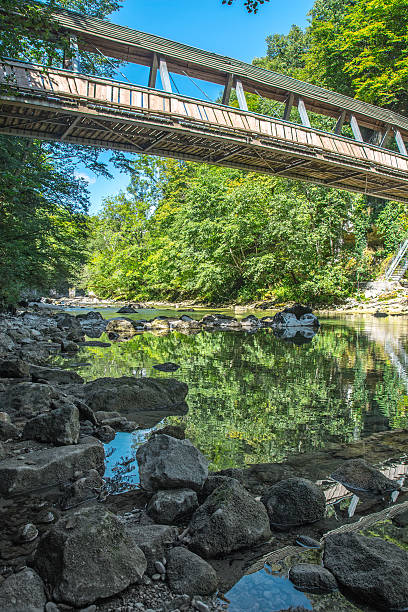 istock Pedestrian bridge crossing wild river in middle of forest HDR 512100260