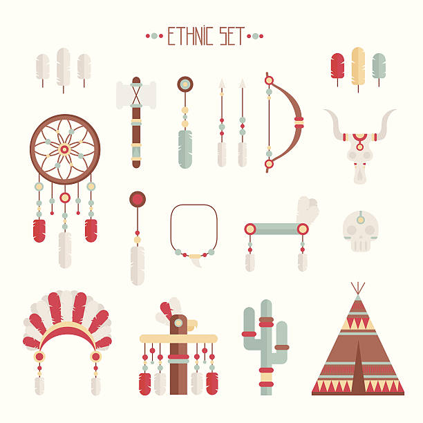 Vector colorful ethnic set. Tribal native American set of symbols. Vector colorful ethnic set with dream catcher, feathers, arrows and american indian chief headdress in native style. symbol north american tribal culture bead feather stock illustrations
