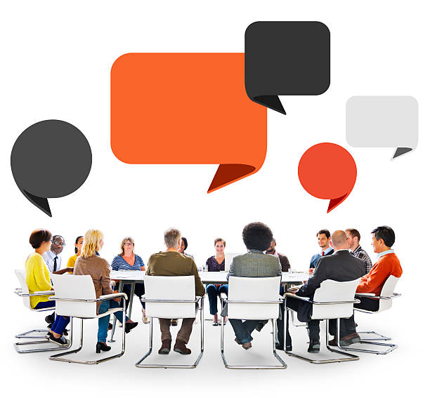 istock Group of People in Meeting with Speech Bubbles 512100405