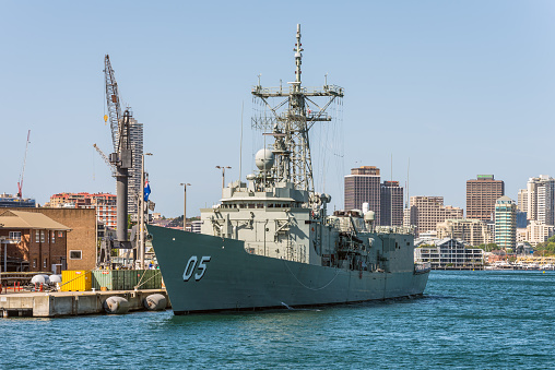 Sydney, Australia - November 9, 2014: The HMAS Melbourne (III) docked in Sydney Harbour, Sydney, Australia. It is one of the Royal Australian Navy's three remaining Adelaide Class guided missile frigates.