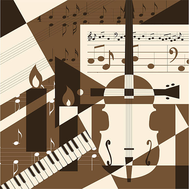 Collage with musical instruments A collage of geometric shapes and musical instruments notes on guitar neck stock illustrations
