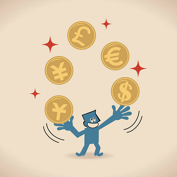 geschäftsmann jonglieren ausländische währung münze (kanadische dollar, euro, pfund, yen, yuan - finance juggling businessman euro symbol stock-grafiken, -clipart, -cartoons und -symbole