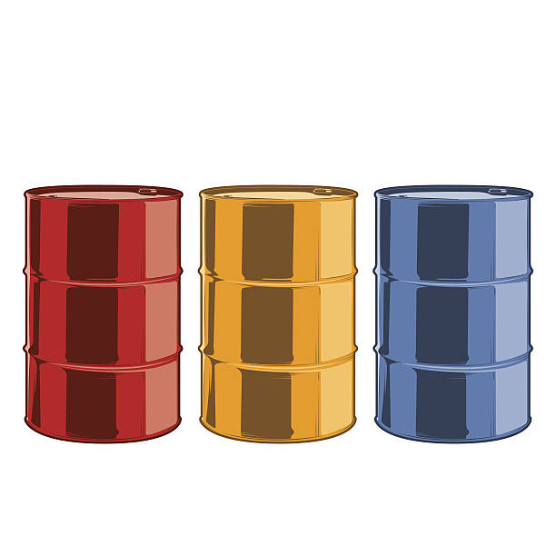 istock Red, Yellow and Blue Steel Oil Barrels 512101079