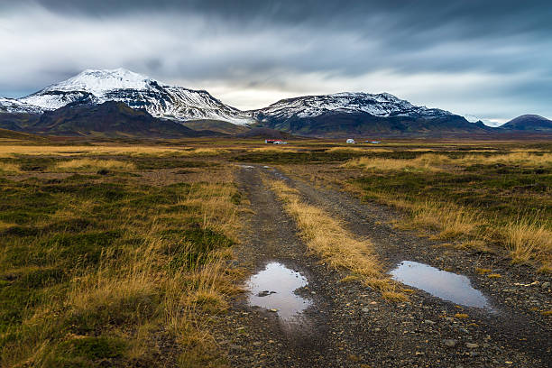 istock Rough road perspective in yellow field with snow mountain background 512101640
