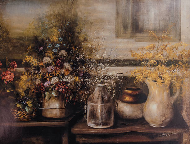 Wildflowers In Old Time Vases Original Painting Wildflowers In Old Time Vases Original Painting oil painting stock illustrations