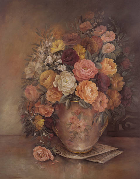 ilustraciones, imágenes clip art, dibujos animados e iconos de stock de estilo victoriano cuadro al óleo originales de flores en un florero - naturaleza muerta