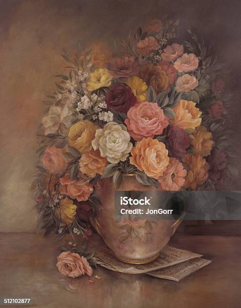 Victorian Style Original Oil Painting Flowers In Vase Stock Illustration - Download Image Now