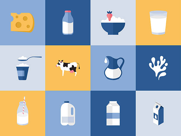 ilustraciones, imágenes clip art, dibujos animados e iconos de stock de leche y productos lácteos iconos para gráficos, web y logotipos - dairy product