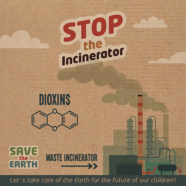 Stop incinerator cardboard illustration Stop incinerators. Waste incineration plants dioxin emissions. Save the Earth eco illustration on cardboard background persistent organic pollutants stock illustrations