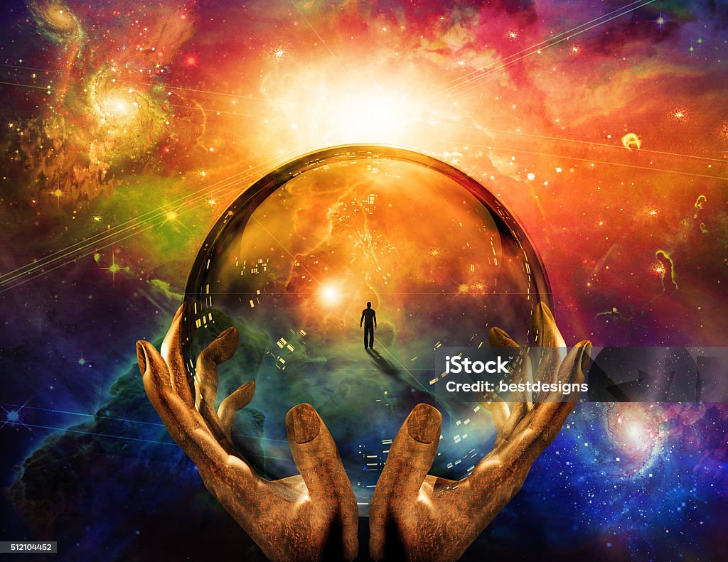 Scene of man Hands hold glass sphere with view of man Crystal Stock Photo