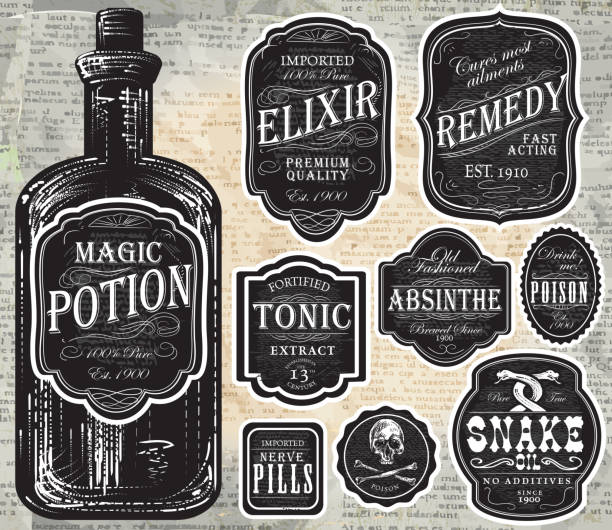 reihe von verschiedenen alten schwarzen und weißen etiketten flaschen - tonic water stock-grafiken, -clipart, -cartoons und -symbole