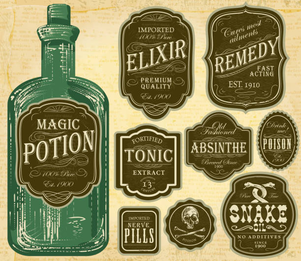 набор разных old fashioned зеленый и коричневый этикетках флаконов - toxic substance poisonous organism bottle potion stock illustrations