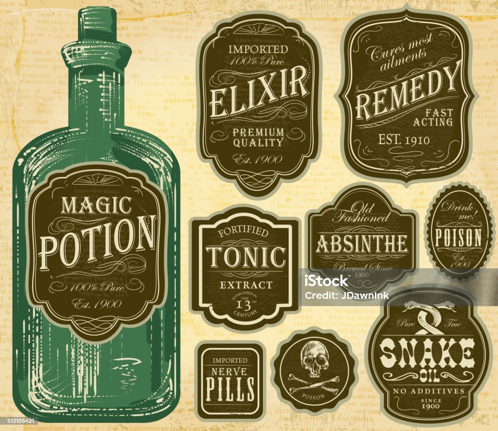 Set of assorted old fashioned green and brown labels bottles Set of assorted old fashioned labels with bottle. Just place label over bottle to customize. Label stock vector